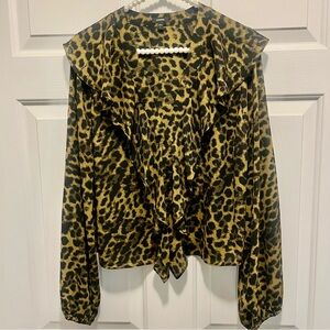 Express leopard ruffle button front long sleeve blouse v neck Medium